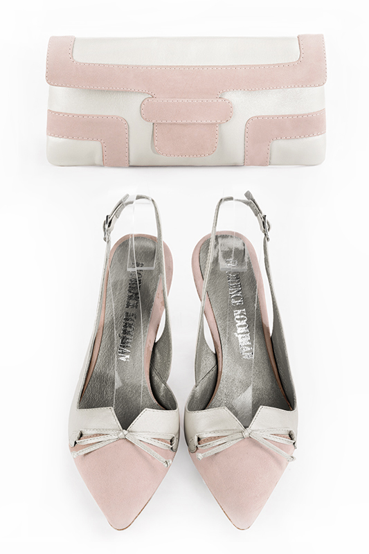 Powder pink and pure white women's open back shoes, with a knot. Tapered toe. High slim heel. Top view - Florence KOOIJMAN